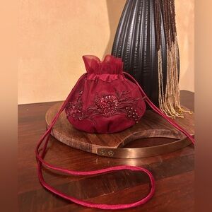 Embroidered Burgundy Drawstring Pouch Purse